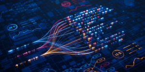 AI powers big data analysis and automation workflows, showcasing neural networks and data streams for business. Artificial intelligence, machine learning, digital transformation and tech innovation.