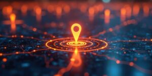 Connected glowing data points across a city