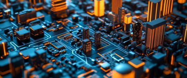 A motherboard style city with glowing buildings
