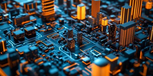 A motherboard style city with glowing buildings